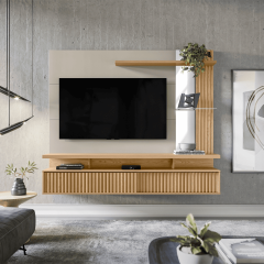 Painel Home Linea Maragogi Ripado 2 Portas Com Prateleira em Vidro Carvalho Off White