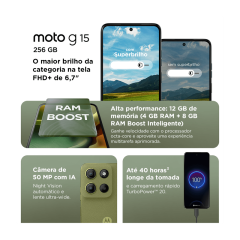 Smartphone Motorola Moto g15 256GB  12GB (4GB RAM + 8GB RAM Boost) e Camera 50MP com AI e Night Vision Bateria de 5200 mAh Tela FHD+ 6.7
