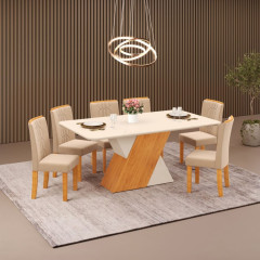 Mesa Rubi DJ Moveis 6 Cadeiras Zoe 1.70cm Cedro Creme 