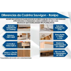 Cozinha Modulada Completa Sauvignon 6 Peças Rio Doce (3Aéreos+2Balcões+1TorreQuente) C6P92 Amendoa/Off 