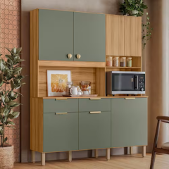 Kit Cozinha Compacta Tropical Nicioli 7 Portas 2 Gavetas Ripado 3d Freijó/Verde