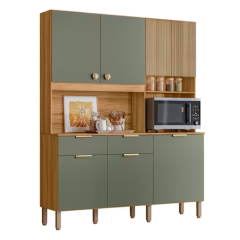 Kit Cozinha Compacta Tropical Nicioli 7 Portas 2 Gavetas Ripado 3d Freijó/Verde