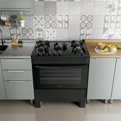 Fogão 5 Bocas Preto com Mesa de Vidro Atlas Milão Top Glass Bivolt