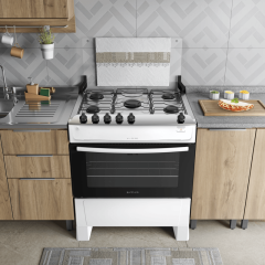 Fogão 5 Bocas Branco com Mesa Inox Atlas Milão Top Bivolt