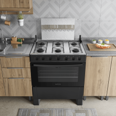 Fogão 6 Bocas Preto com Mesa Inox Atlas Milão Plus Bivolt