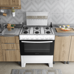 Fogão 6 Bocas Branco com Mesa Inox Atlas Milão Plus Bivolt