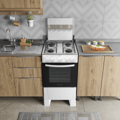 Fogão 4 Bocas Branco com Mesa Inox Atlas Milão