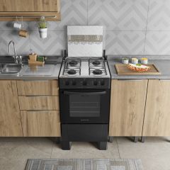 Fogão 4 Bocas Preto com Mesa Inox Atlas Milão