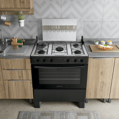Fogão 5 Bocas Preto com Mesa Inox Atlas Milão Plus Bivolt